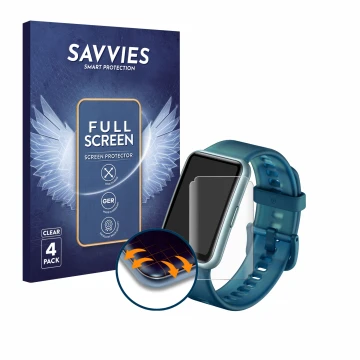 Parte frontal de un envase de producto con el logotipo de la marca Savvies. Al lado se muestra el dispositivo Huawei Watch Fit