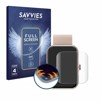 Parte frontal de un envase de producto con el logotipo de la marca Savvies. Al lado se muestra el dispositivo Mutoy Smartwatch