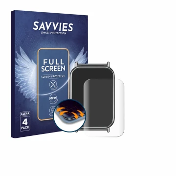 Parte frontal de un envase de producto con el logotipo de la marca Savvies. Al lado se muestra el dispositivo Xiaomi Mi Band 8