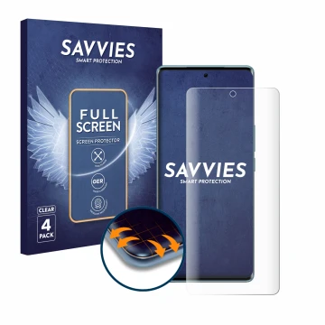 Parte frontal de un envase de producto con el logotipo de la marca Savvies. Al lado se muestra el dispositivo Vivo V29 con su 