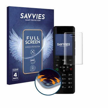 Parte frontal de un envase de producto con el logotipo de la marca Savvies. Al lado se muestra el dispositivo AVM Fritz!Fon X6