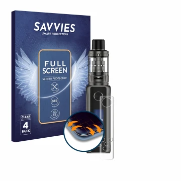 Parte frontal de un envase de producto con el logotipo de la marca Savvies. Al lado se muestra el dispositivo Vaporesso Target