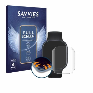 Parte frontal de un envase de producto con el logotipo de la marca Savvies. Al lado se muestra el dispositivo Honor Watch 4 co