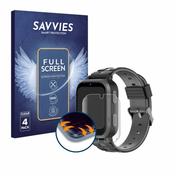 Parte frontal de un envase de producto con el logotipo de la marca Savvies. Al lado se muestra el dispositivo Beafon Kids Watc