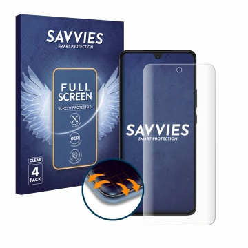 Parte frontal de un envase de producto con el logotipo de la marca Savvies. Al lado se muestra el dispositivo Motorola Moto G8