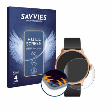 Parte frontal de un envase de producto con el logotipo de la marca Savvies. Al lado se muestra el dispositivo Withings ScanWat