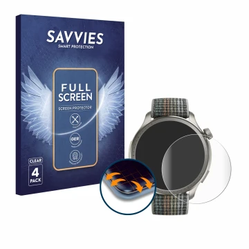 Parte frontal de un envase de producto con el logotipo de la marca Savvies. Al lado se muestra el dispositivo Huami Amazfit Ba
