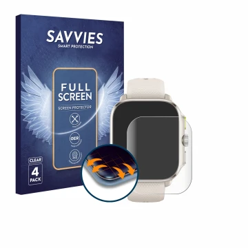 Parte frontal de un envase de producto con el logotipo de la marca Savvies. Al lado se muestra el dispositivo Huami Amazfit Ch