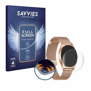 Parte frontal de un envase de producto con el logotipo de la marca Savvies. Al lado se muestra el dispositivo Xcoast X-Watch J