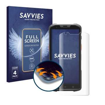 Parte frontal de un envase de producto con el logotipo de la marca Savvies. Al lado se muestra el dispositivo Sunmi L2H con su