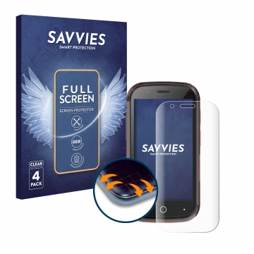 Parte frontal de un envase de producto con el logotipo de la marca Savvies. Al lado se muestra el dispositivo Unihertz Jelly S
