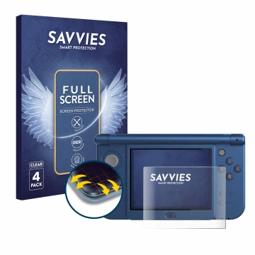 Parte frontal de un envase de producto con el logotipo de la marca Savvies. Al lado se muestra el dispositivo Nintendo New 3DS