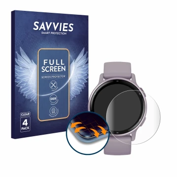 Parte frontal de un envase de producto con el logotipo de la marca Savvies. Al lado se muestra el dispositivo Garmin vivoactiv