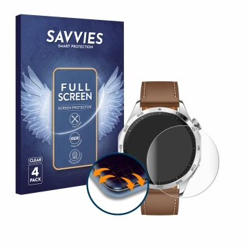Parte frontal de un envase de producto con el logotipo de la marca Savvies. Al lado se muestra el dispositivo Huawei Watch GT 