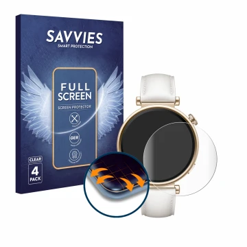 Parte frontal de un envase de producto con el logotipo de la marca Savvies. Al lado se muestra el dispositivo Huawei Watch GT 