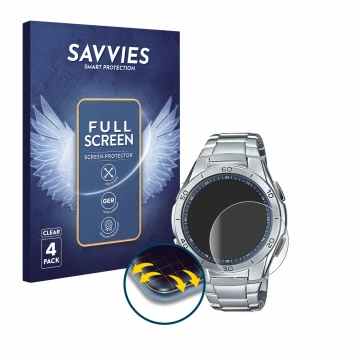 Parte frontal de un envase de producto con el logotipo de la marca Savvies. Al lado se muestra el dispositivo Casio WVA-M650D-