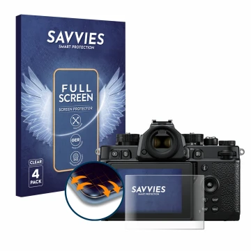Parte frontal de un envase de producto con el logotipo de la marca Savvies. Al lado se muestra el dispositivo Nikon Z F con su