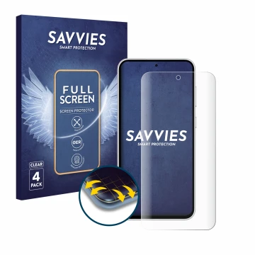 Parte frontal de un envase de producto con el logotipo de la marca Savvies. Al lado se muestra el dispositivo Samsung Galaxy S