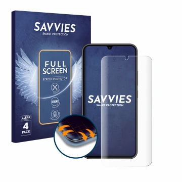 Parte frontal de un envase de producto con el logotipo de la marca Savvies. Al lado se muestra el dispositivo Samsung Galaxy A