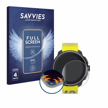 Parte frontal de un envase de producto con el logotipo de la marca Savvies. Al lado se muestra el dispositivo Suunto Race con 