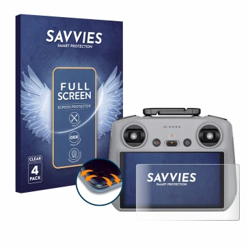 Parte frontal de un envase de producto con el logotipo de la marca Savvies. Al lado se muestra el dispositivo DJI RC 2 con su 