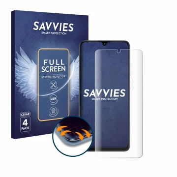 Parte frontal de un envase de producto con el logotipo de la marca Savvies. Al lado se muestra el dispositivo ZTE Blade V50 Vi