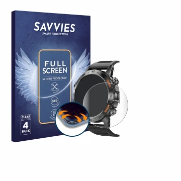 Parte frontal de un envase de producto con el logotipo de la marca Savvies. Al lado se muestra el dispositivo Lemfo Smartwatch