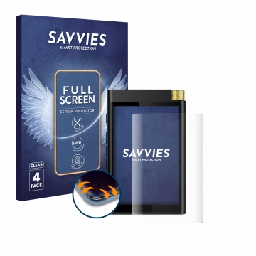 Parte frontal de un envase de producto con el logotipo de la marca Savvies. Al lado se muestra el dispositivo Surfans F28 con 