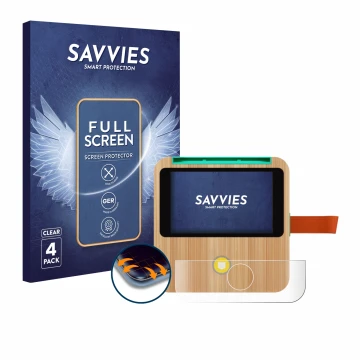 Parte frontal de un envase de producto con el logotipo de la marca Savvies. Al lado se muestra el dispositivo tigerbox Touch P