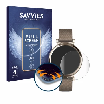 Parte frontal de un envase de producto con el logotipo de la marca Savvies. Al lado se muestra el dispositivo Garmin Lily 2 co