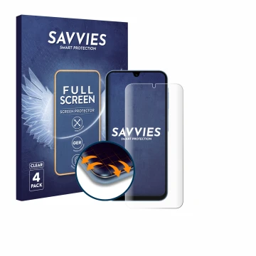 Parte frontal de un envase de producto con el logotipo de la marca Savvies. Al lado se muestra el dispositivo Samsung Galaxy A