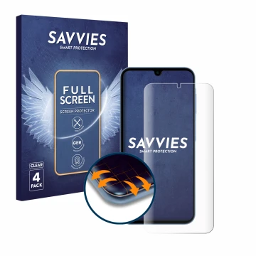 Parte frontal de un envase de producto con el logotipo de la marca Savvies. Al lado se muestra el dispositivo Samsung Galaxy A