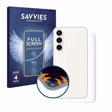 Parte frontal de un envase de producto con el logotipo de la marca Savvies. Al lado se muestra el dispositivo Samsung Galaxy S