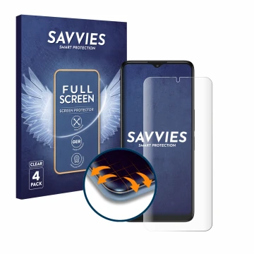 Parte frontal de un envase de producto con el logotipo de la marca Savvies. Al lado se muestra el dispositivo TCL 40 R 5G con 