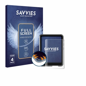 Parte frontal de un envase de producto con el logotipo de la marca Savvies. Al lado se muestra el dispositivo Mechen M3 con su