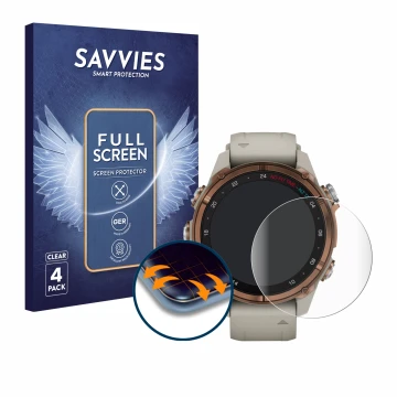 Parte frontal de un envase de producto con el logotipo de la marca Savvies. Al lado se muestra el dispositivo Garmin Descent M