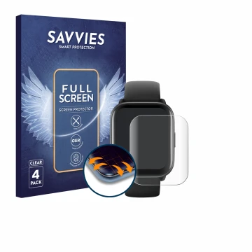 Parte frontal de un envase de producto con el logotipo de la marca Savvies. Al lado se muestra el dispositivo Amazfit Active c