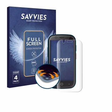 Parte frontal de un envase de producto con el logotipo de la marca Savvies. Al lado se muestra el dispositivo Unihertz Jelly 2