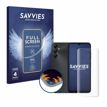 Parte frontal de un envase de producto con el logotipo de la marca Savvies. Al lado se muestra el dispositivo Samsung Galaxy A