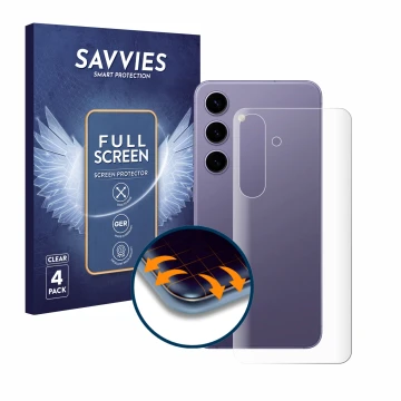Parte frontal de un envase de producto con el logotipo de la marca Savvies. Al lado se muestra el dispositivo Samsung Galaxy S