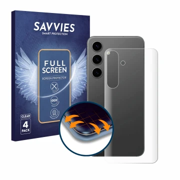 Parte frontal de un envase de producto con el logotipo de la marca Savvies. Al lado se muestra el dispositivo Samsung Galaxy S