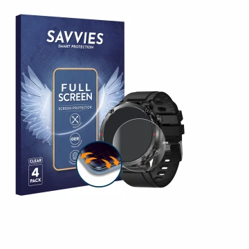 Parte frontal de un envase de producto con el logotipo de la marca Savvies. Al lado se muestra el dispositivo LIGE Smartwatch 