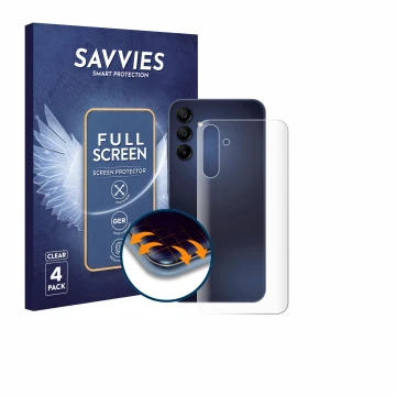 Parte frontal de un envase de producto con el logotipo de la marca Savvies. Al lado se muestra el dispositivo Samsung Galaxy A