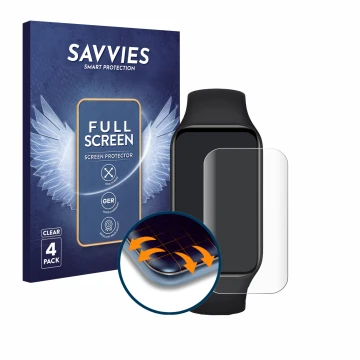 Parte frontal de un envase de producto con el logotipo de la marca Savvies. Al lado se muestra el dispositivo Xiaomi Smart Ban