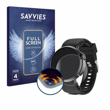 Parte frontal de un envase de producto con el logotipo de la marca Savvies. Al lado se muestra el dispositivo AMZSA GT88 con s
