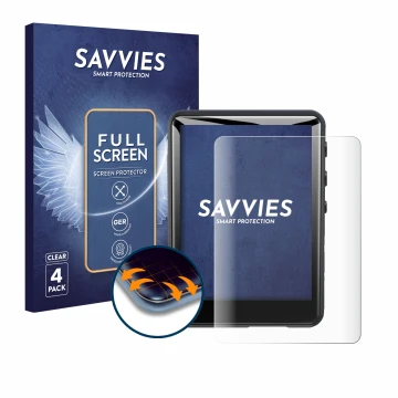 Parte frontal de un envase de producto con el logotipo de la marca Savvies. Al lado se muestra el dispositivo Zaqe MP3 Player 