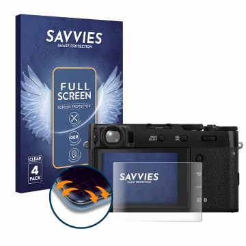 Parte frontal de un envase de producto con el logotipo de la marca Savvies. Al lado se muestra el dispositivo Fujifilm X100VI 
