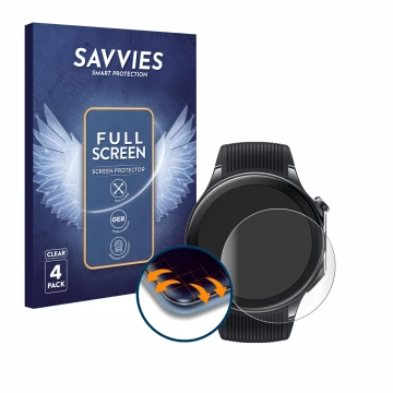 Parte frontal de un envase de producto con el logotipo de la marca Savvies. Al lado se muestra el dispositivo OnePlus Watch 2 