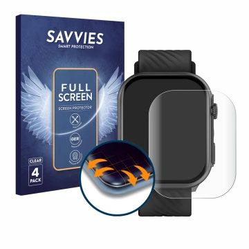 Parte frontal de un envase de producto con el logotipo de la marca Savvies. Al lado se muestra el dispositivo Yuede Smartwatch