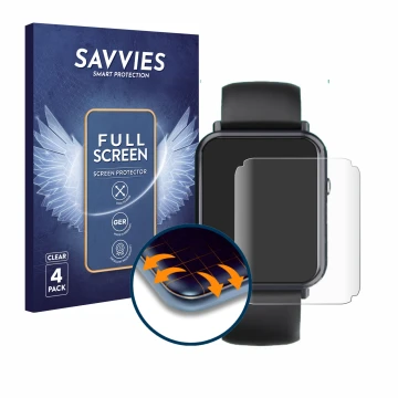 Parte frontal de un envase de producto con el logotipo de la marca Savvies. Al lado se muestra el dispositivo Sross Smartwatch
